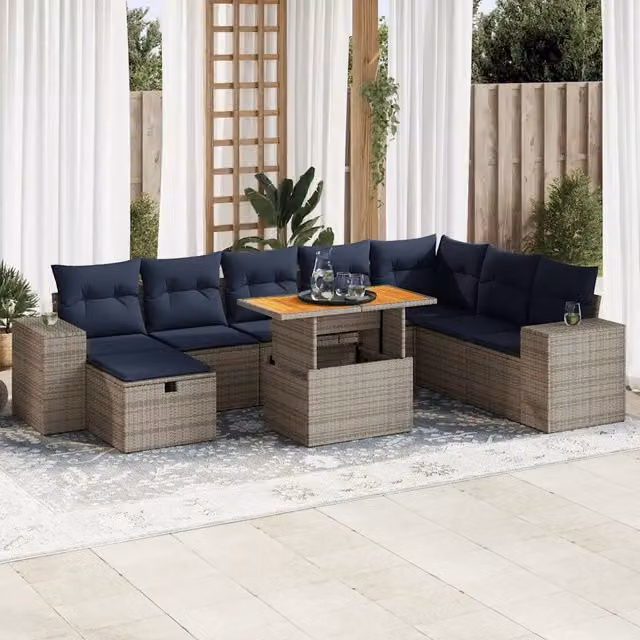 Set Divano da Giardino 9pz con Cuscini Grigio Polyrattan Acacia 3328104