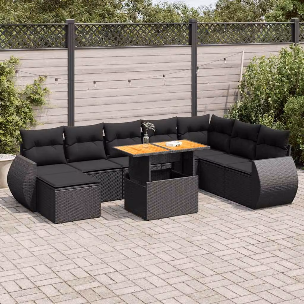 Set di divani da giardino vidaXL 9 pz in polyrattan nero con cuscini e tavolino da esterno a forma di L