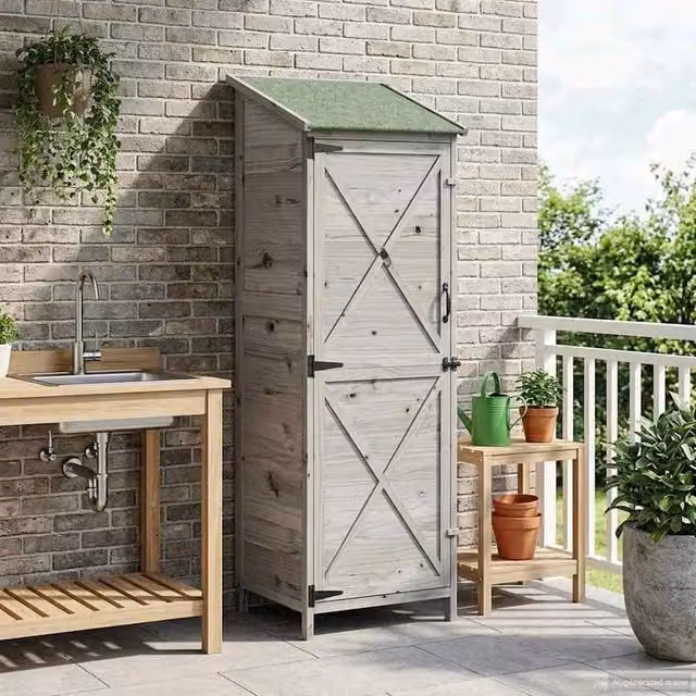 Rimessa Giardino Legno Pino 59.5x56x176.5cm Tetto Grigio Ventilato per Attrezzi Esterni