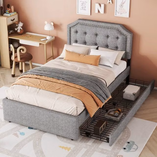 Letto singolo a profilo basso 90x200cm con montanti decorativi e cassetti doppi in grigio