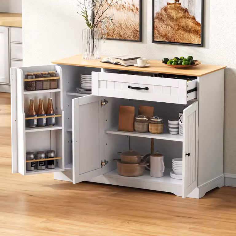 Cassettiera Merax, con 3 ante, 1 cassetto, mobile buffet moderno per sala da pranzo, soggiorno, 107 cm (B）) Cassettiera, bianco+naturale