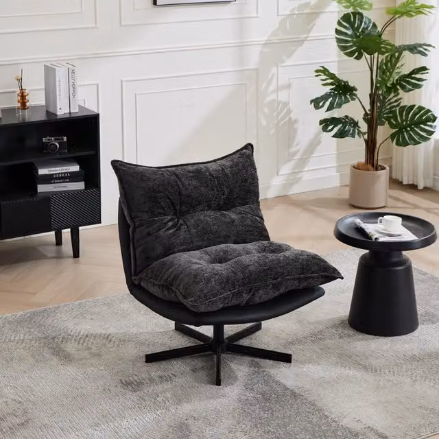 Poltrona relax girevole a 360 gradi WISHDOR con schienale regolabile, rivestimento in tessuto e similpelle, struttura in metallo, nero/grigio