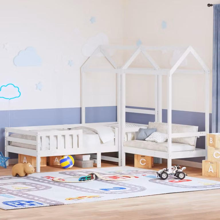 vidaXL Giroletto per bambini con panca e tetto in legno massello di pino, colore bianco, L 195,5 x P 75 x H 80,5 cm