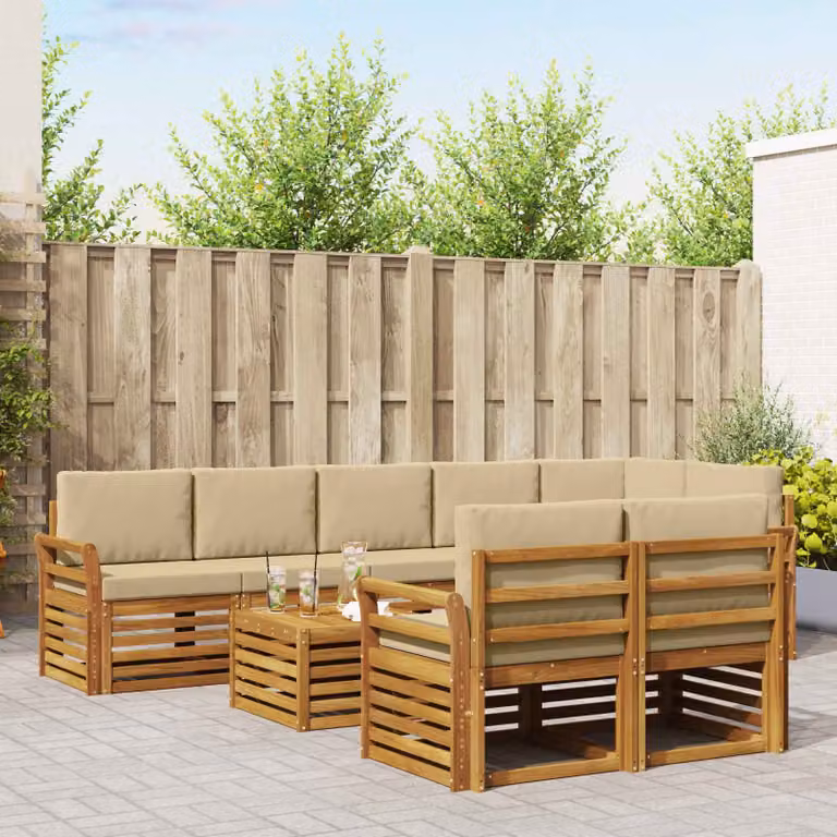 vidaXL Set di divani da esterno moderno a L composto da 9 pezzi con tavolo da caffè, in legno di acacia e tessuto beige resistente ai raggi UV