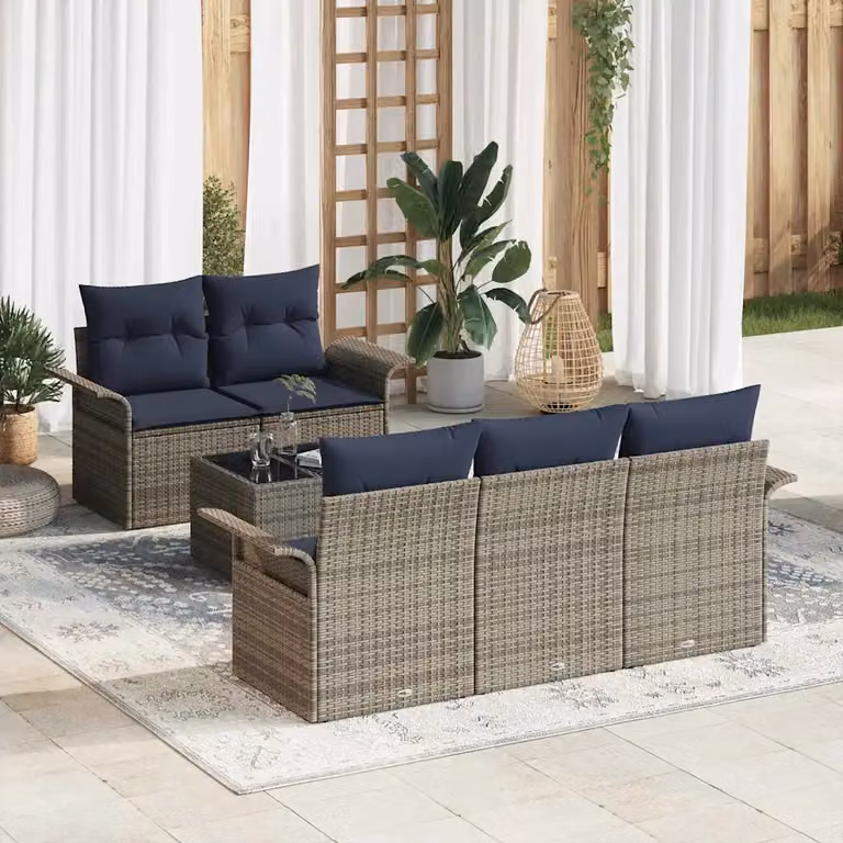 Set Divano da Giardino vidaXL 6 pz a forma di U in Polyrattan Grigio e Blu con Tavolino e Cuscini