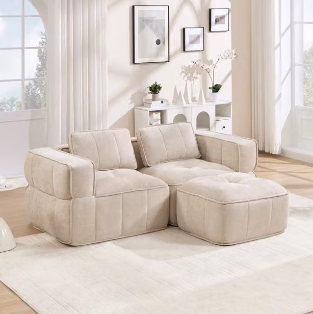 Divano modulare 2 posti 198x162 cm beige in poliestere; con pouf