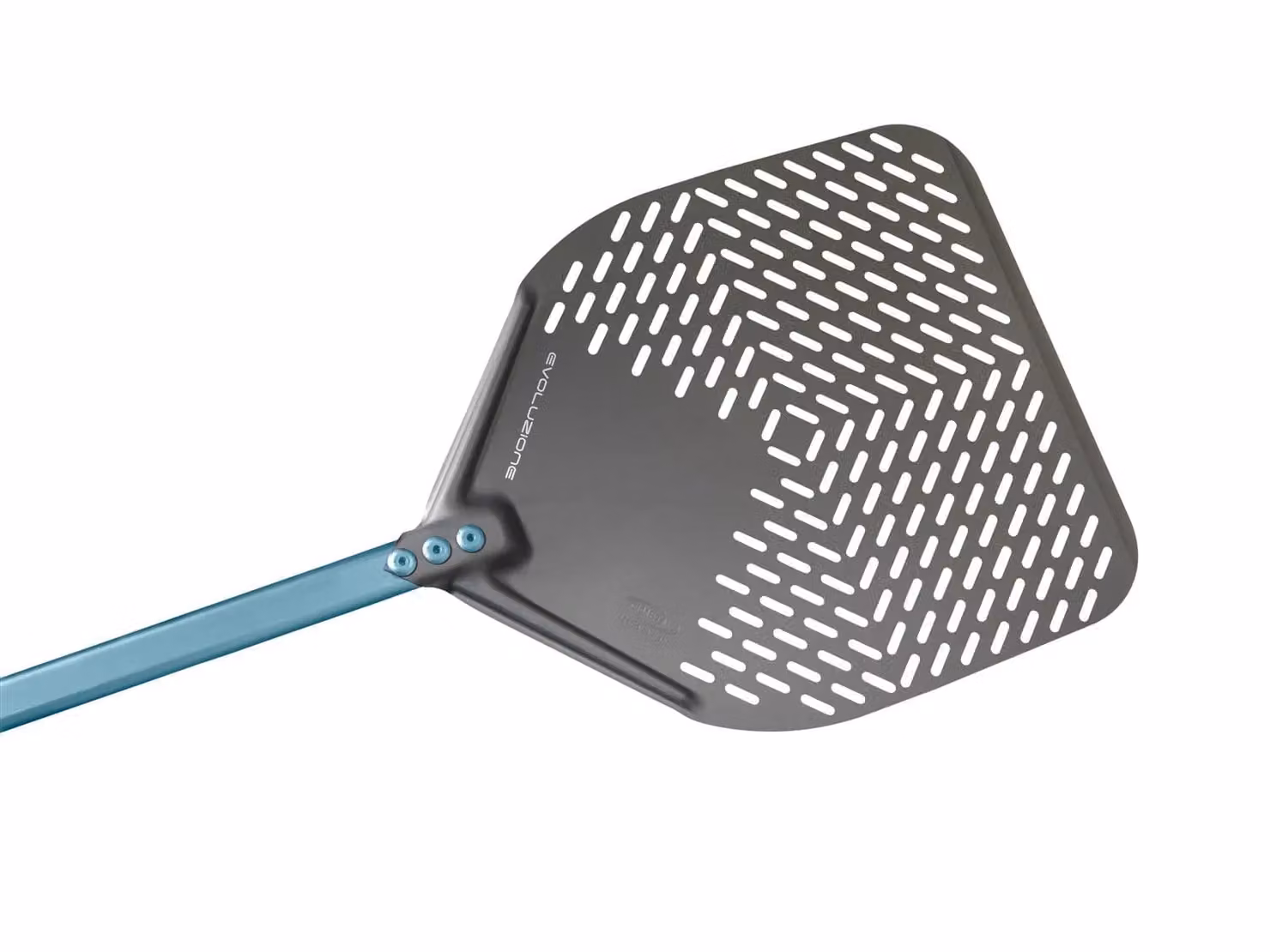 Pala pizza in alluminio anodizzato forata rettangolare, dim. 36x36 cm, manico 60 cm