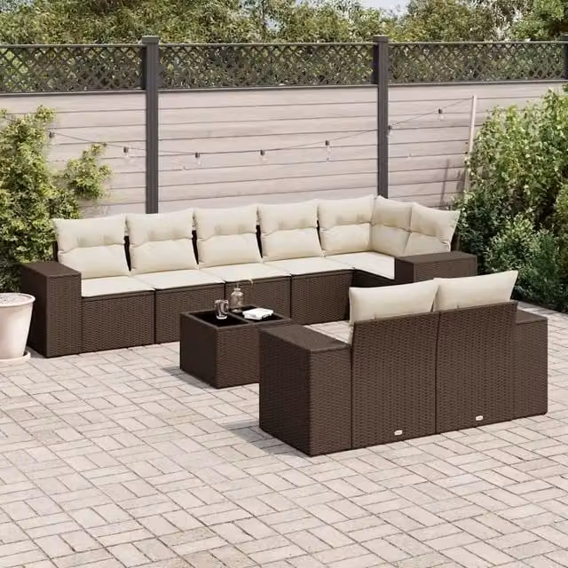 Set Divani da Giardino 9pz con Cuscini Marrone in Polyrattan 3222832
