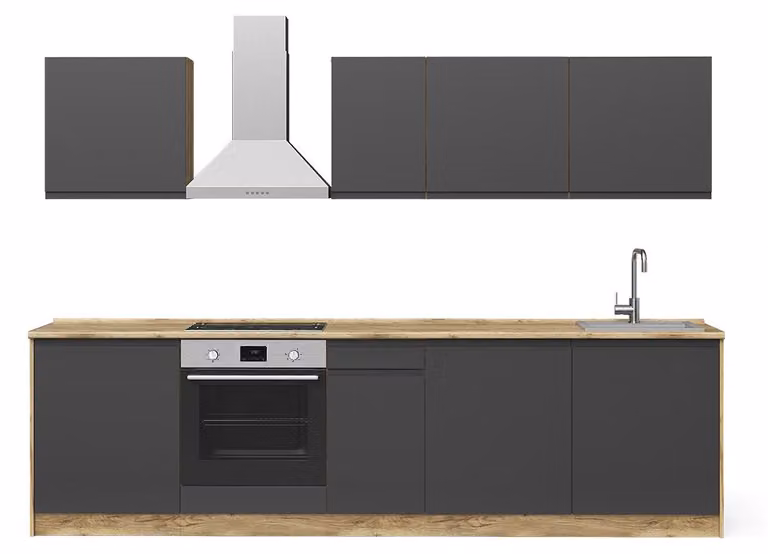 Cucina componibile Vicco R-Line Antracite/Rovere dorato 280 cm piano di lavoro Bianco, Model 70584