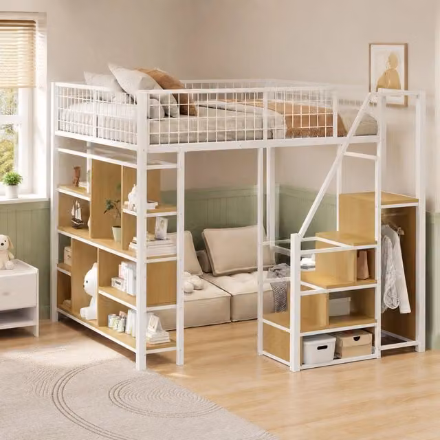 Letto a soppalco con scala contenitore 140 x 200 cm in metallo e legno; bianco
