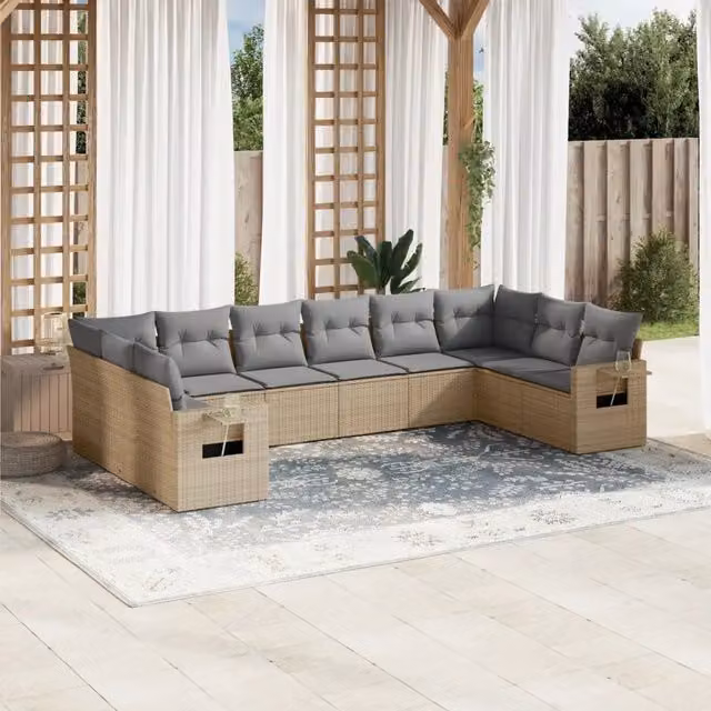 vidaXL Set Divano da Giardino a L 10 pz in Polyrattan con Cuscini Beige e Grigio