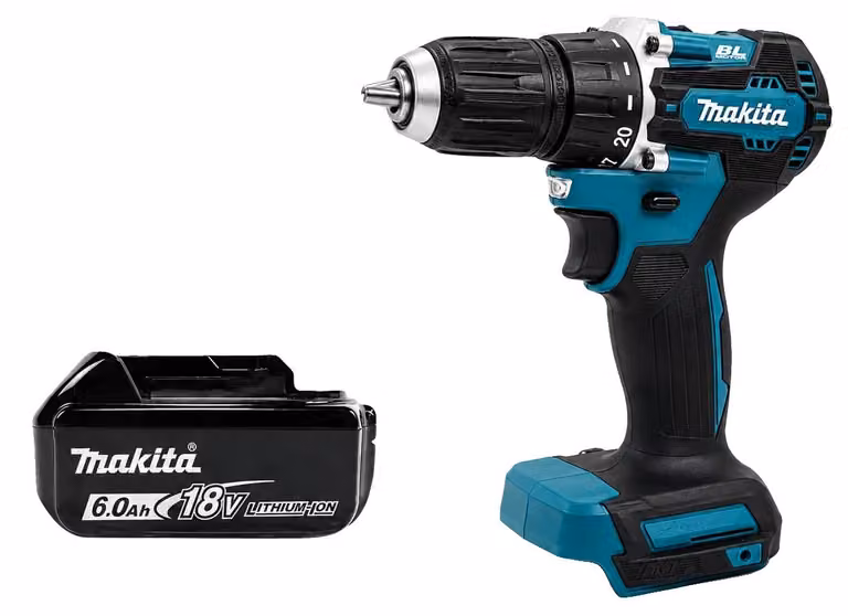 Trapano avvitatore a percussione, motore brushless, due velocità, 1 batteria e set di accessori