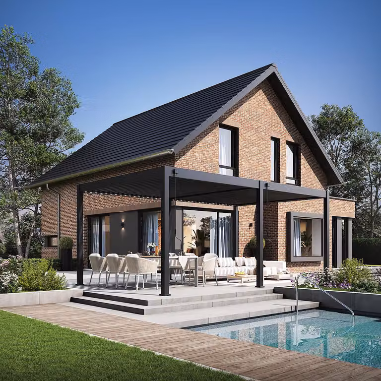 Pergola elettrica Weide E-Deluxe, interamente in alluminio, dimensioni 3,6x7,2 metri, con tetto a lamelle color antracite