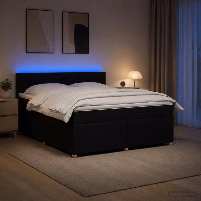 Letto box spring vidaXL con materasso a molle pocket e base contenitore con illuminazione sottostante e porta USB, Nero, L/P: 140 x 200 cm