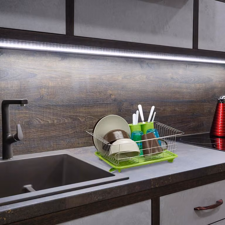 Scolapiatti in acciaio inox, verde - con vaschetta di raccolta e portaposate - HBD 155 x 40 x 30 cm