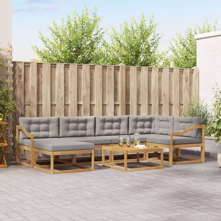 vidaXL Set di divani da esterno a forma di U composto da 7 pezzi in legno di acacia con cuscini Bianco e Grigio