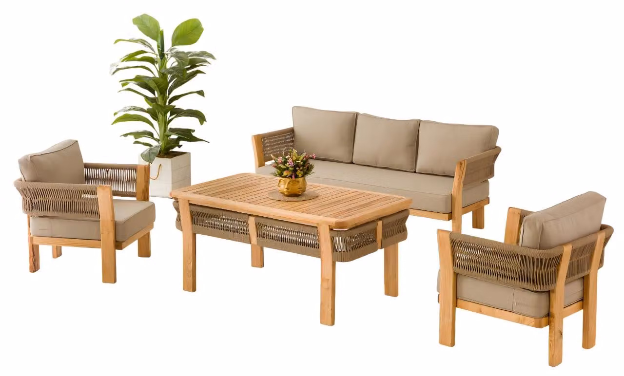 Gartenmöbel Set aus Holz und Textil in Beige, stilvoll und robust