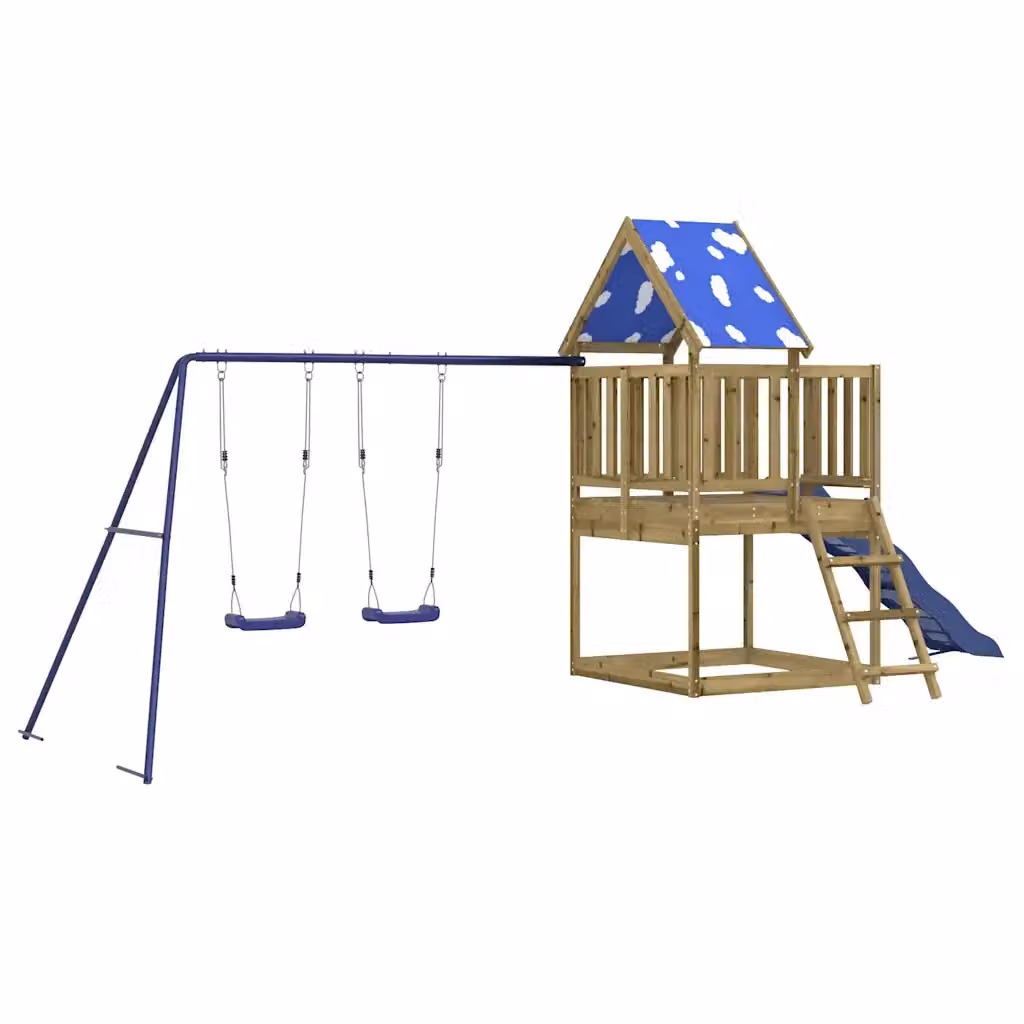 vidaXL Set da Gioco da Esterno in Legno di Pino con Scivolo, Sabbiera, Altalena e Rete di Sicurezza, Blu e Marrone – 2