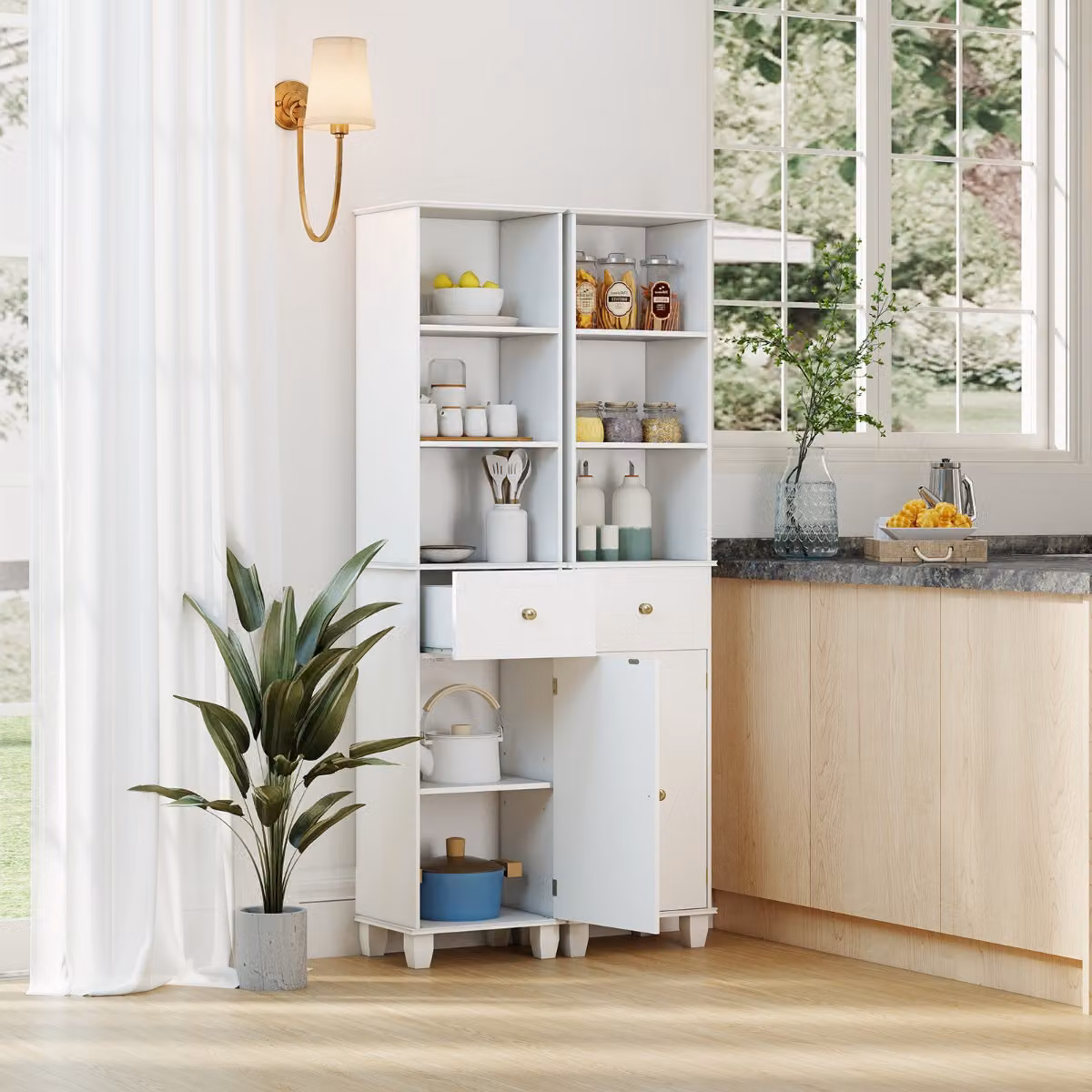 Mobiletto bagno stretto da pavimento Costway bianco con ripiani aperti e ante, unità di stoccaggio moderna e indipendente