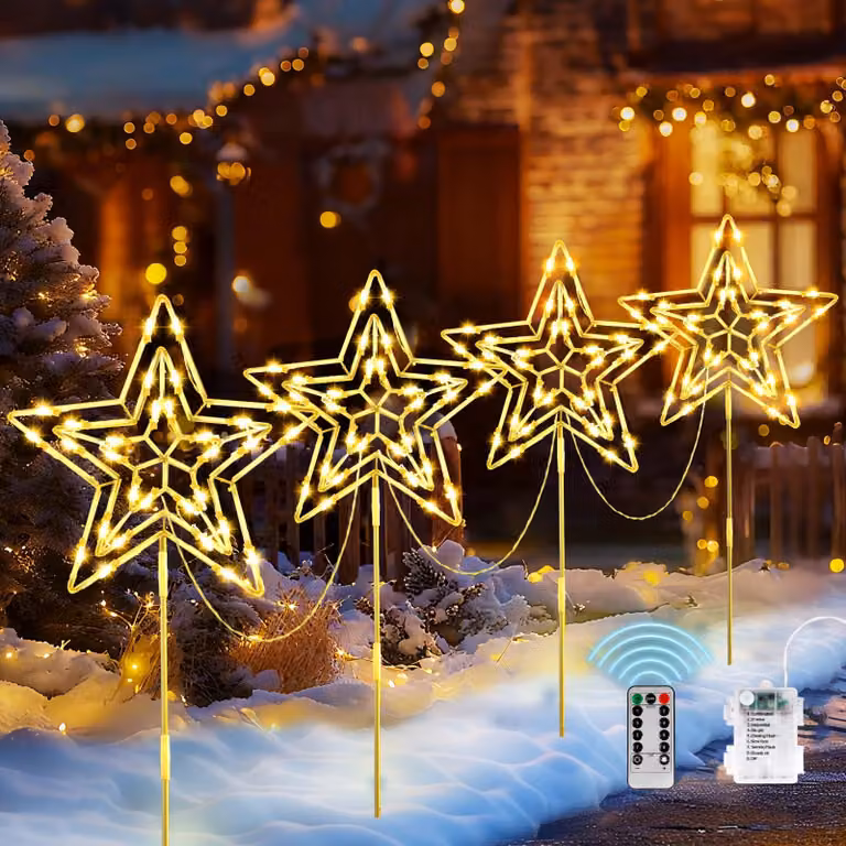 Set di 4 stelle LED, decorazioni natalizie, luce bianco caldo, grado di protezione IP44, 8 modalità, timer