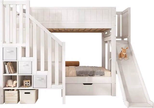 Letto a castello per bambini con scivolo, armadio scala, cassetti e ripiani, bianco, L/P/H: 245 x 105,2 x 166 cm – 1