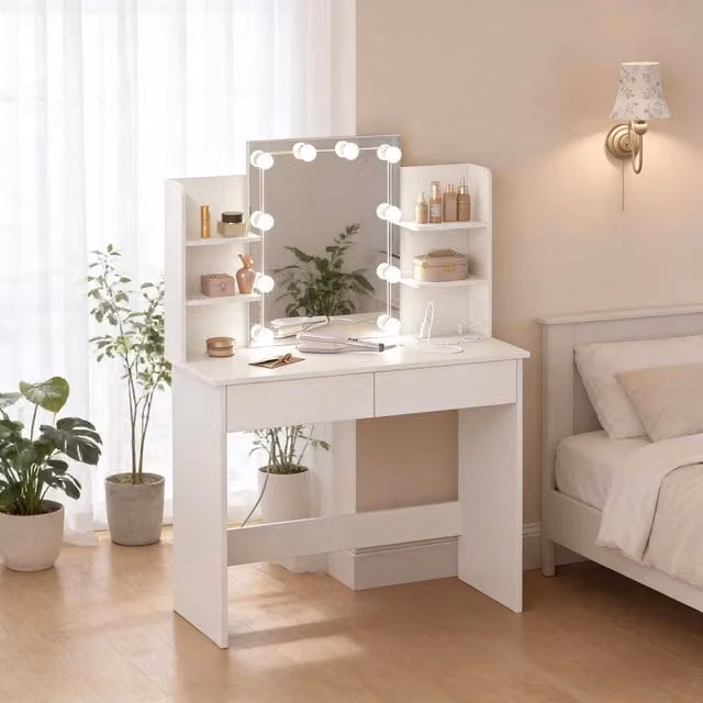 Tavolo da Trucco Bianco con Specchio 45x60 cm e Illuminazione LED, 2 Cassetti, 90x135x40 cm