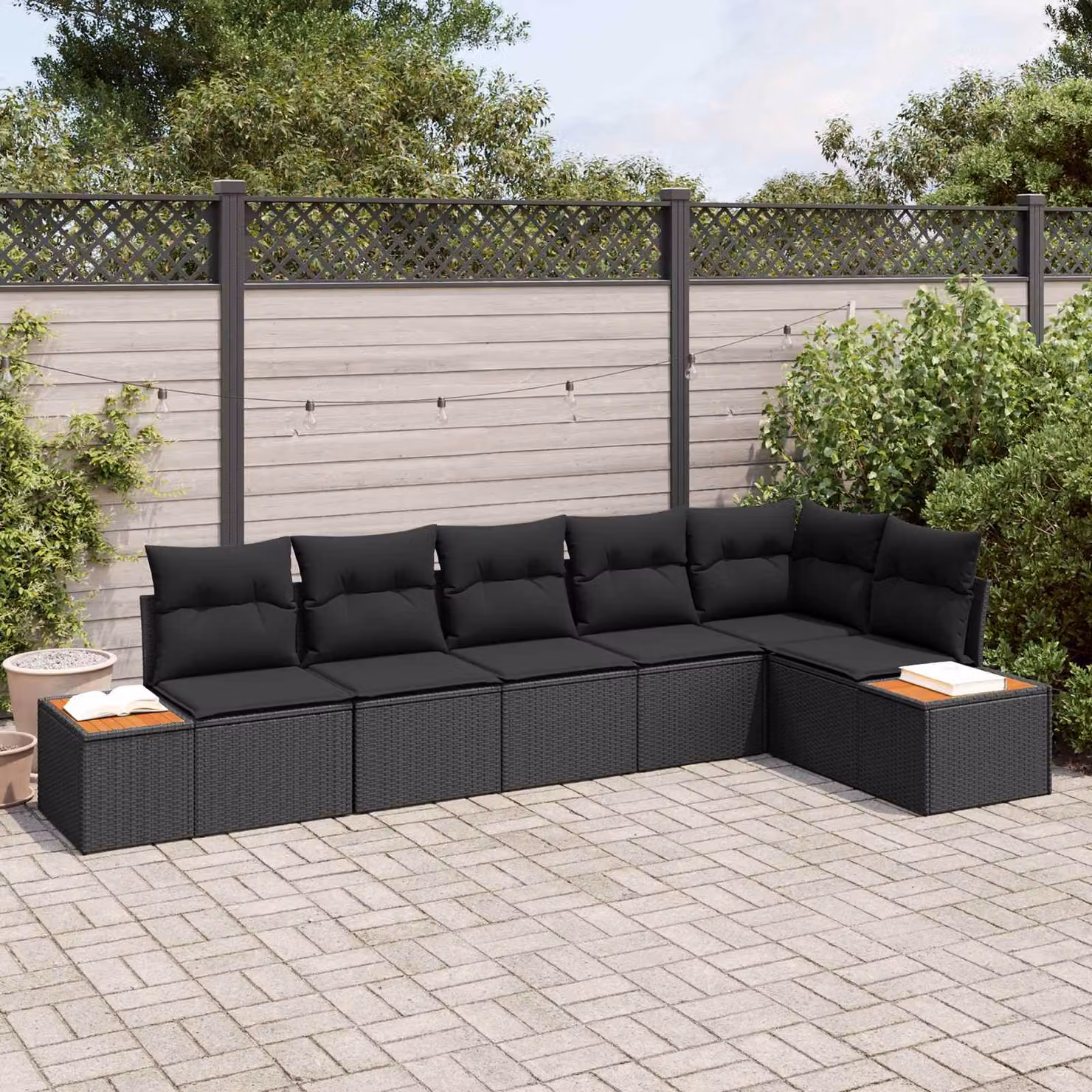 Set Divano da Giardino a L vidaXL 6 posti con Cuscini Nero con Tavolino e Struttura in Metallo e Acacia – 1