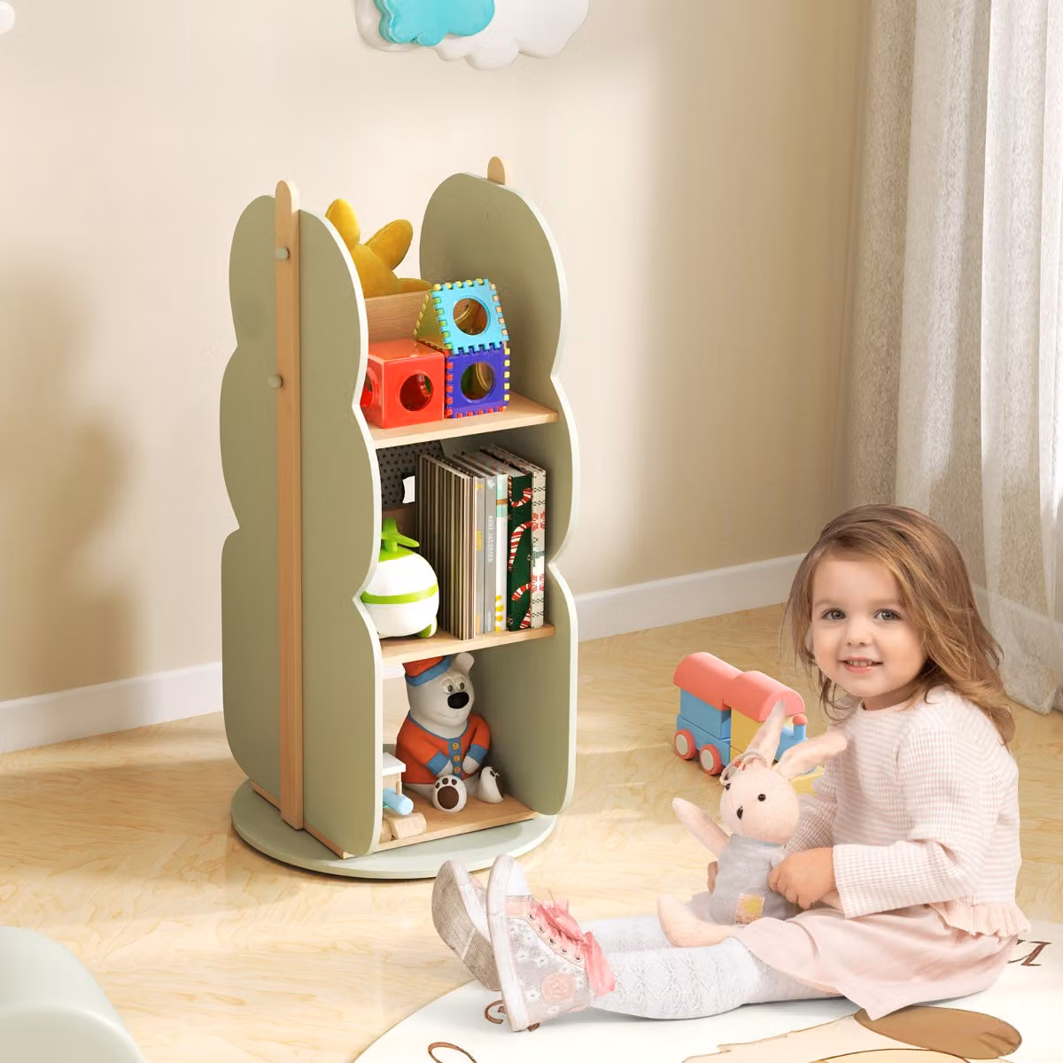 Costway Scaffale da angolo girevole a 360° per bambini, Organizzatore per giocattoli a 3 ripiani in MDF, Verde