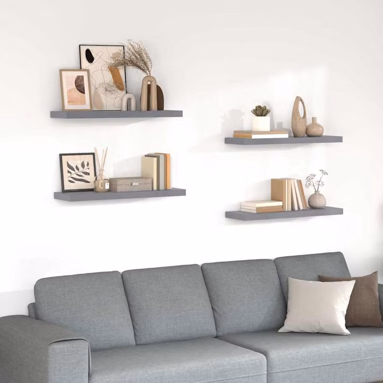 Set di 4 Scaffali a Parete vidaXL in MDF e Metallo, Colore Grigio, L 80 cm x P 23,5 cm x H 3,8 cm