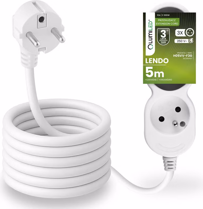 Presa multipla LUMILED Presa tripla tipo E, cavo da 5 m H05VV-F3G, bianco, presa multipla E 10A 2300W 250V IP20 Staffa per sospensione