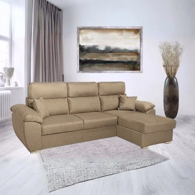 Divano con penisola contenitore Como color cappuccino in tessuto Giulia9703 con funzione letto e poggiatesta regolabile L/P/H: 265 x 166 x 91 cm