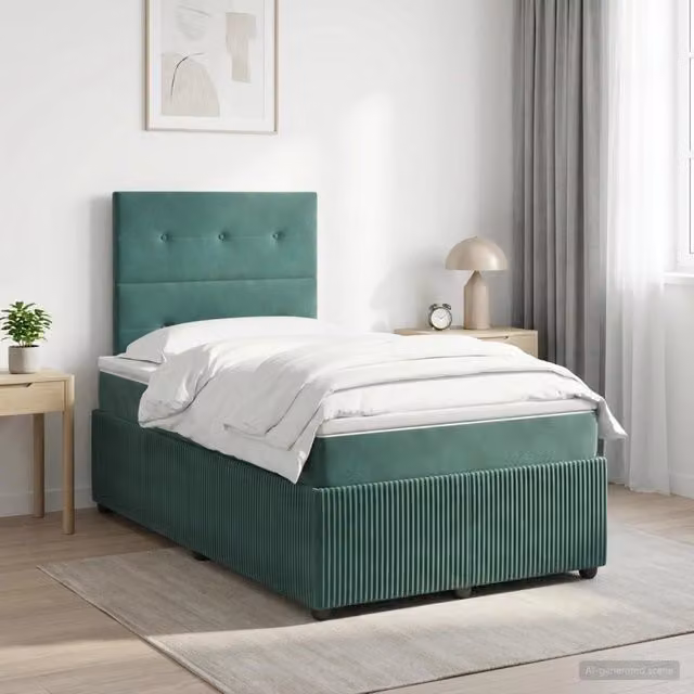 Letto box spring con materasso vidaXL in velluto verde scuro e bianco L/P: 120 x 200 cm