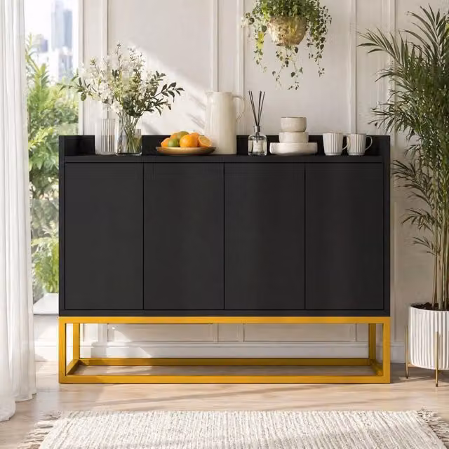Credenza 120x30x80 cm nera in truciolare, 4 ante senza maniglie