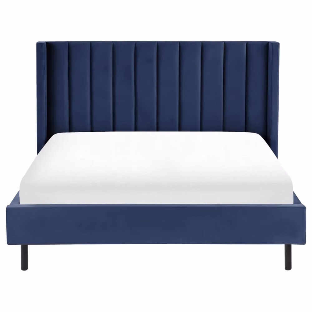 Letto matrimoniale Beliani in velluto blu con doghe in legno stile glamour L/P: 160 x 200 cm – 2