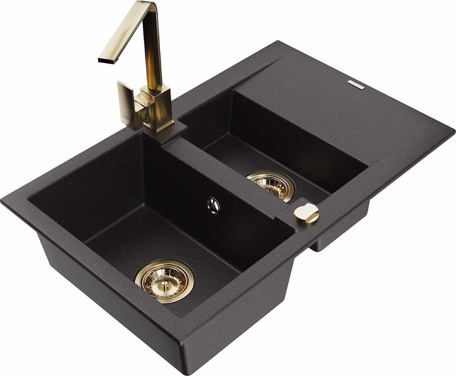 Mexen Gaspar lavello in granito 1,5 vasche con scolapiatti e rubinetto da cucina Rita, nero/oro - 6507-75-670300-50
