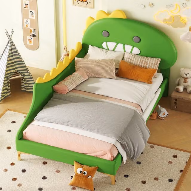 Letto per bambini singolo 200×90 cm a dinosauro, testiera decorativa, senza materasso, PU e MDF verde