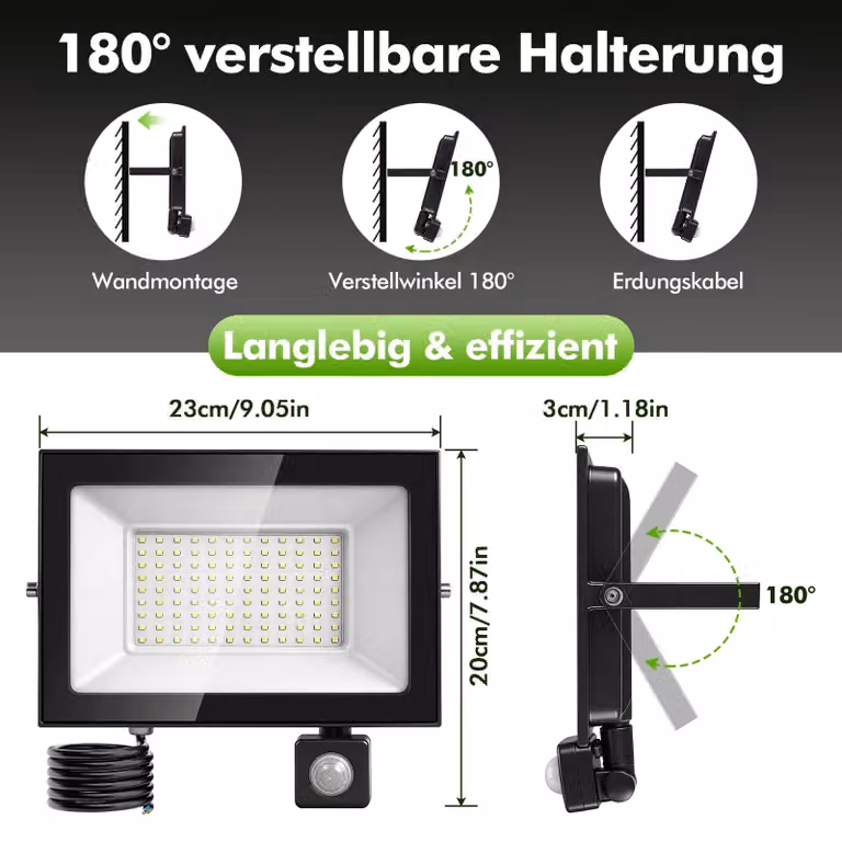 Faretto LED da esterno - 100 W - Sensore di movimento - 3000 K (luce bianca calda) - Per uso esterno - Impermeabile - 220–240 V - Confezione da 1 pezzo
