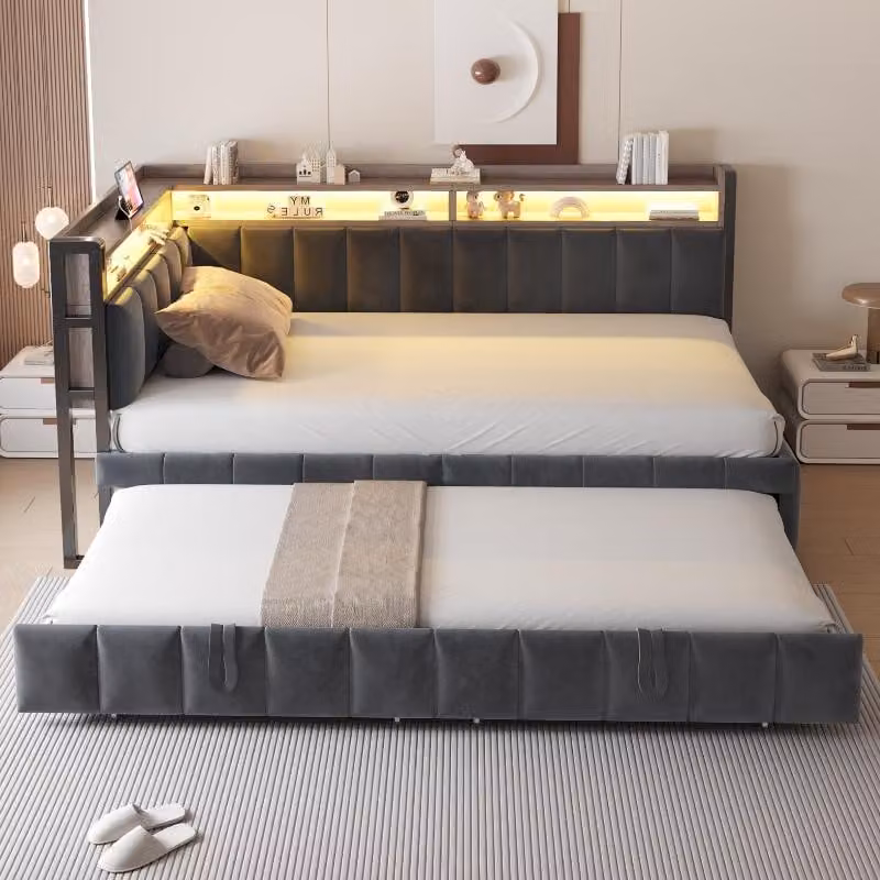Letto imbottito 90x200 cm con letto a scomparsa, illuminazione LED, porte USB e di tipo C, vani portaoggetti e rivestimento in velluto color grigio scuro