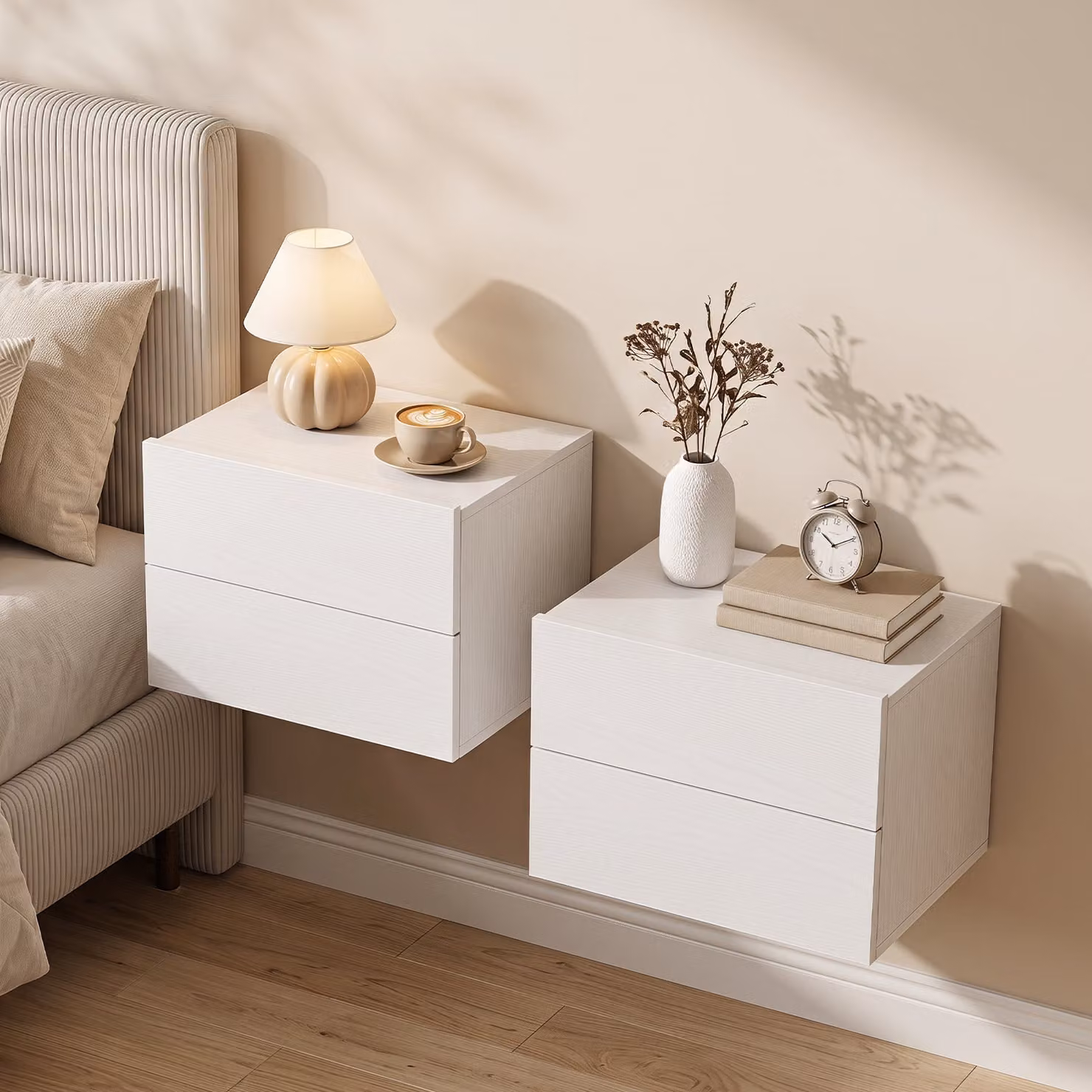 Set di 2 comodini sospesi Costway con 2 cassetti, cassettiere moderne bianche per camera da letto, soggiorno, studio o ingresso