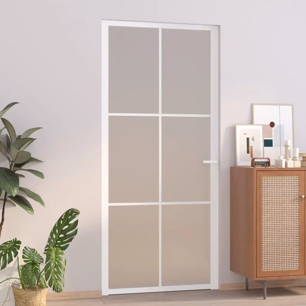Porta interna moderna vidaXL in vetro e alluminio, bianco opaco e trasparente, L: 93 cm, H: 201,5 cm