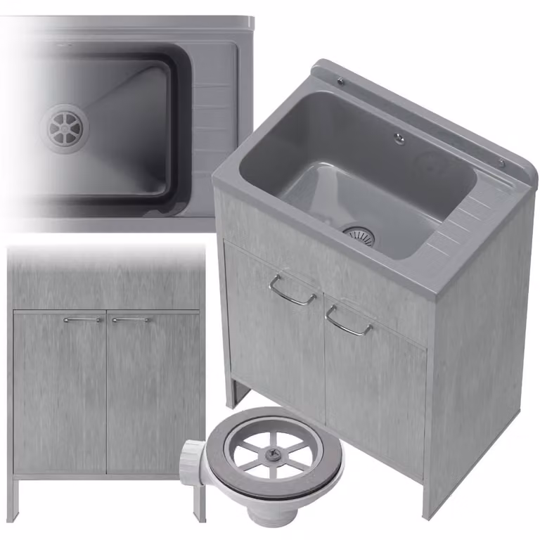 Granitan - Lavatoio - Lavandino 58x38 cm - Lavello grigio - con miscelatore e sifone - MONZA