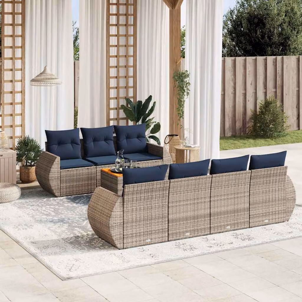 Set da giardino vidaXL in polyrattan grigio con cuscini, divani a forma di U e tavolino da esterno