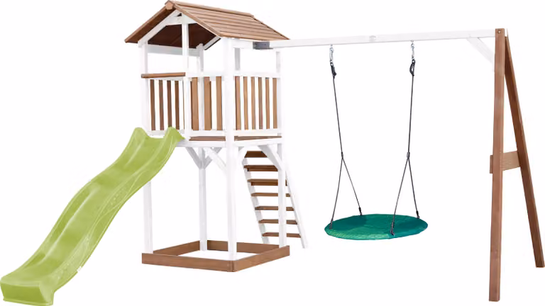 AXI Beach Tower parco giochi in legno in marrone e bianco | Torre di gioco con sabbiera, altalena a nido e scivolo verde lime | Casa per bambini su palafitte per il giardino