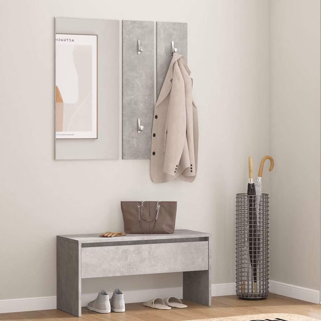 Set di mobili da corridoio moderno vidaXL in legno e plastica, colore grigio, composto da panca, specchio, pannello e porta scarpe