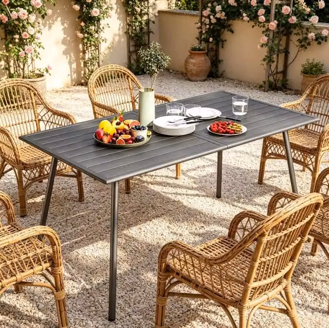 Tavolo da giardino 150x80x74 cm in acciaio grigio, 6 posti, per terrazza –