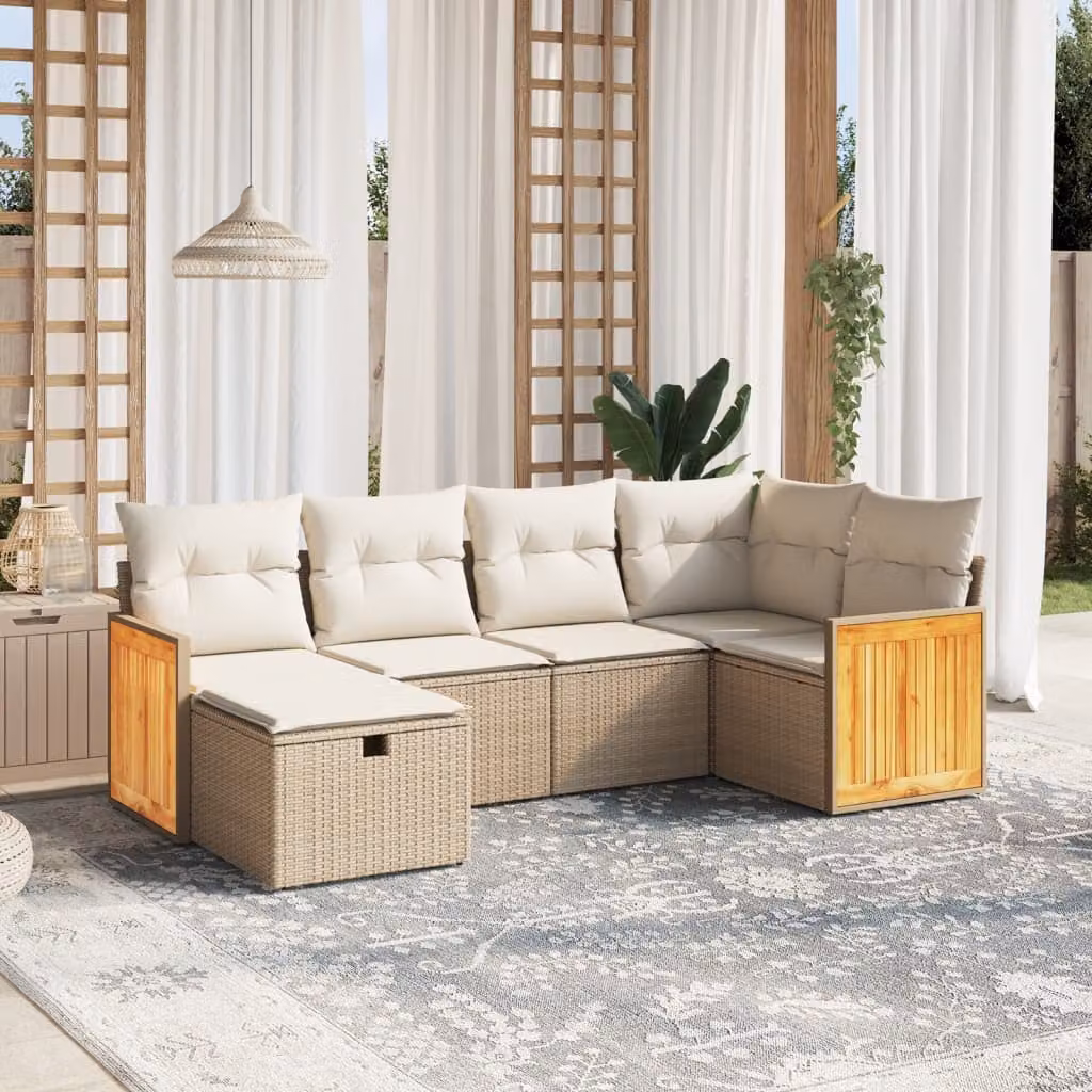 vidaXL Set Divano da Giardino a L 6 pz con Cuscini Beige e Struttura in Metallo e Polyrattan – 1