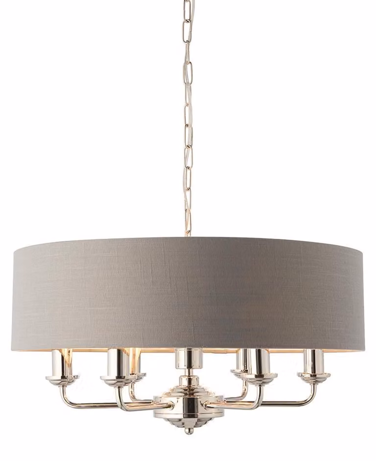 Lampada a sospensione HIGHCLERE in nichel 6xE14x15W con tessuto, dimensioni: 174x55x55 cm, IP20, Endon