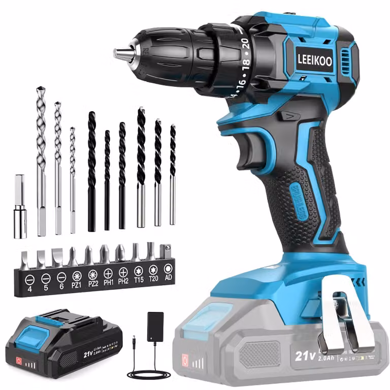 Trapano a batteria senza fili da 21V, con batteria da 2,0 Ah e 20 accessori