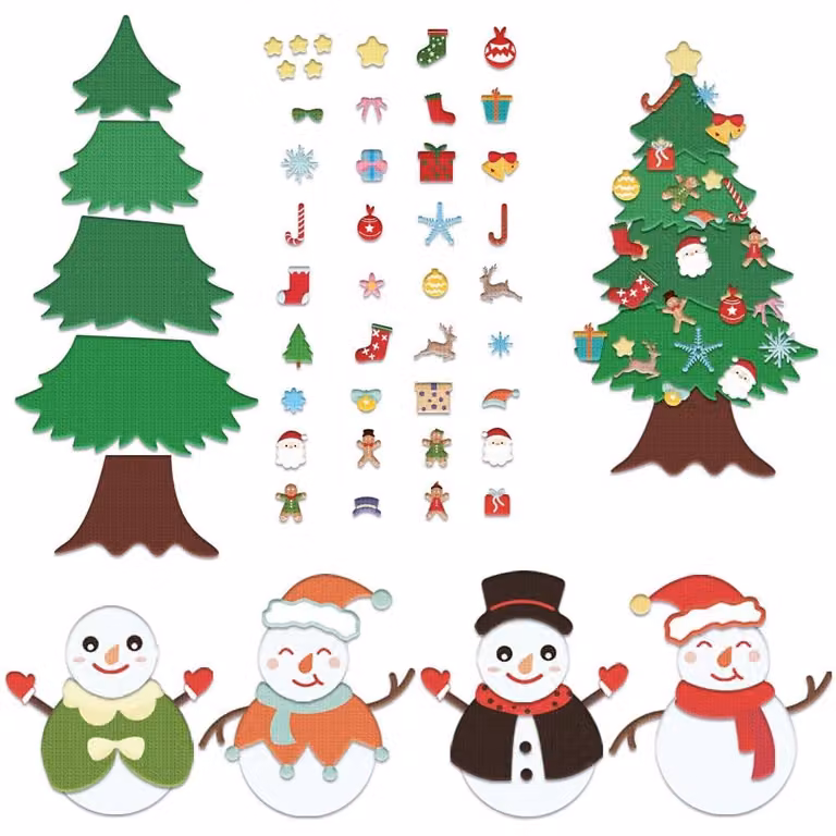Kit per creare un albero di Natale in feltro, fai-da-te, composto da 62 elementi, con decorazioni a forma di pupazzo di neve e altri ornamenti