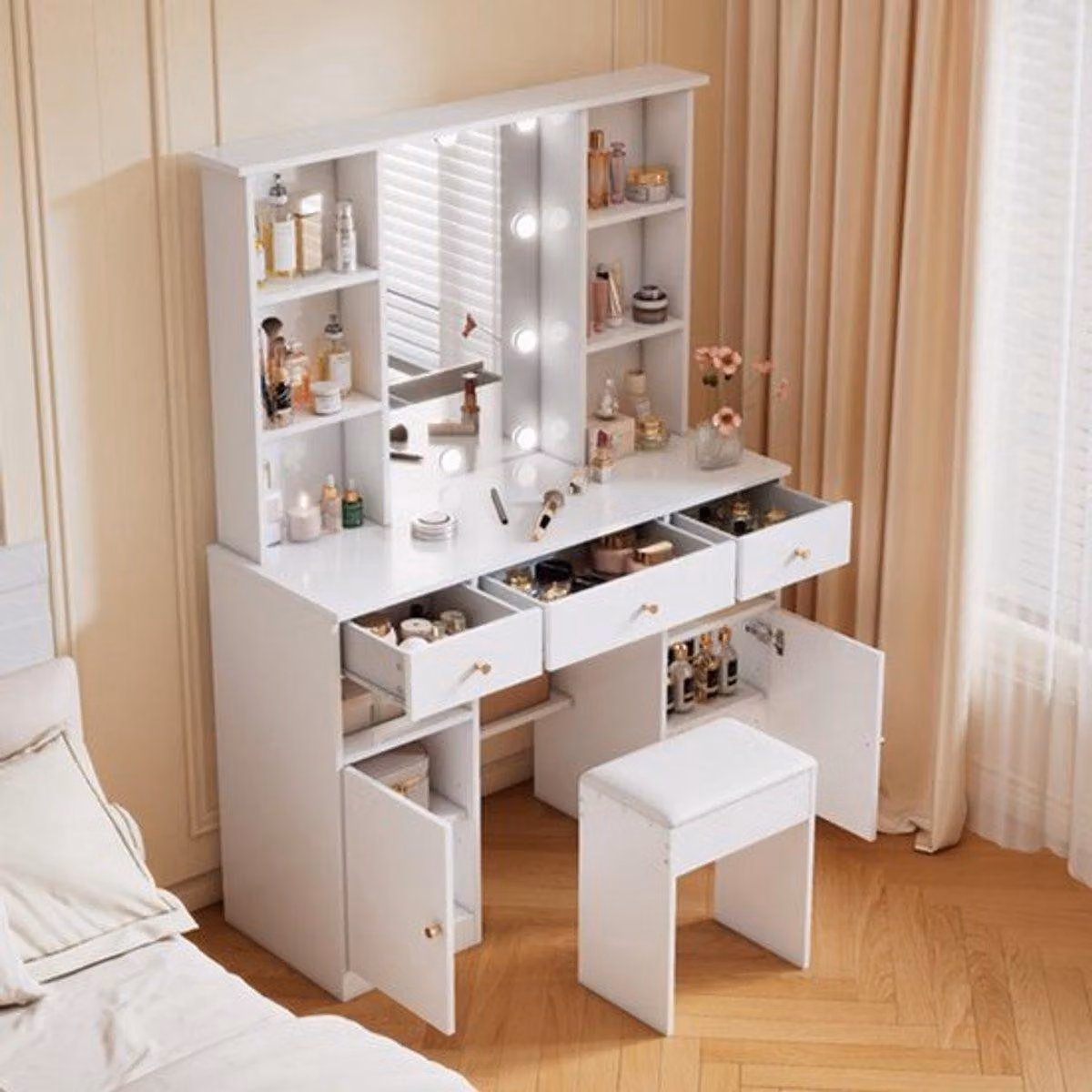 Ampio tavolo da trucco con illuminazione LED regolabile, specchio e sgabello - mobile